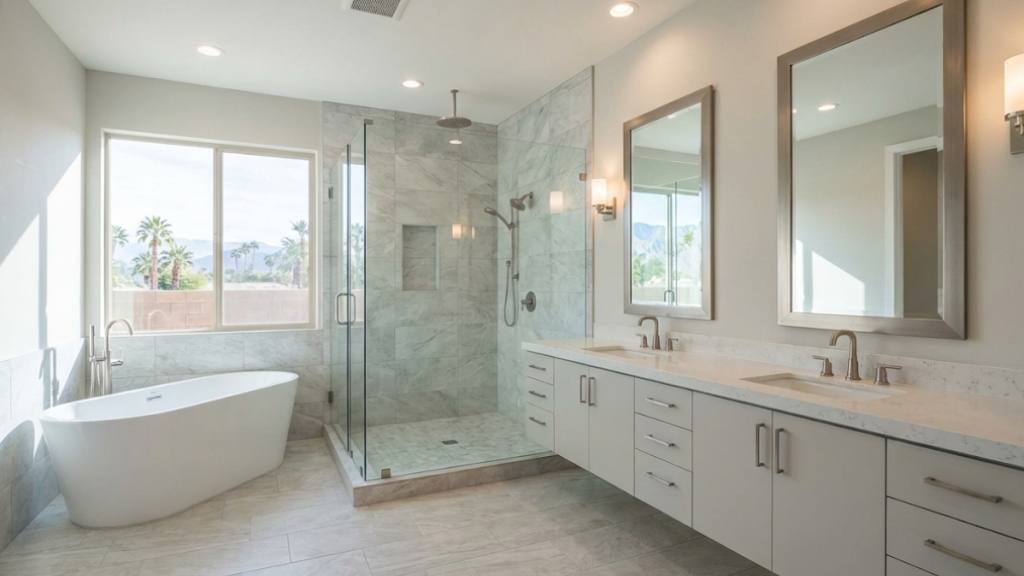 Full bathroom remodel Chandler AZ featuring freestanding tub, glass shower, and double vanity