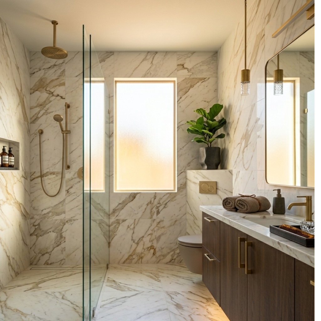 Luxury bathroom remodeling contractor in Chandler AZ showcasing marble walk-in shower and custom vanity design