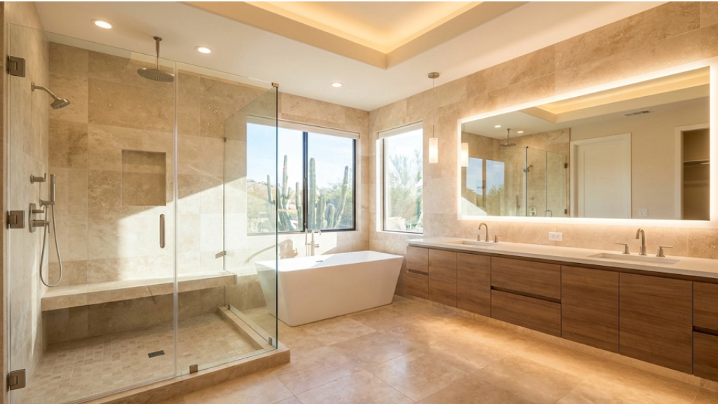 Master bathroom remodeling Chandler AZ featuring spacious walk-in shower and freestanding tub
