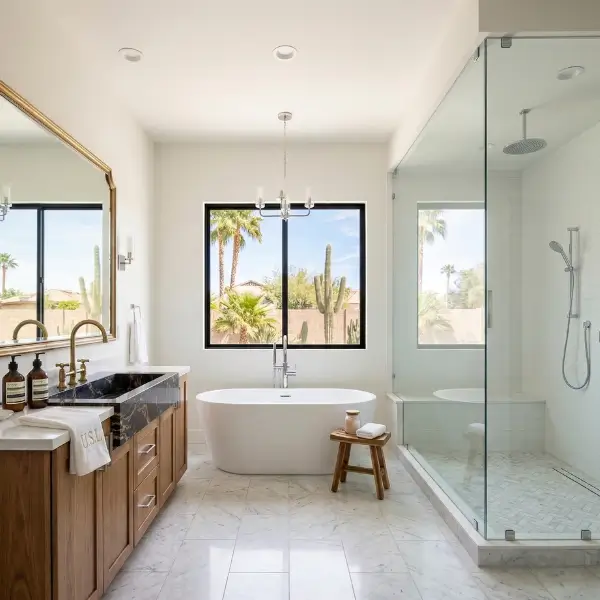 Luxury full bathroom remodeling in Chandler AZ with freestanding tub glass shower and modern vanity