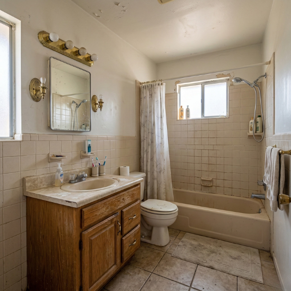 old outdated bathroom with water damage and worn fixtures before full bathroom remodeling in chandler AZ