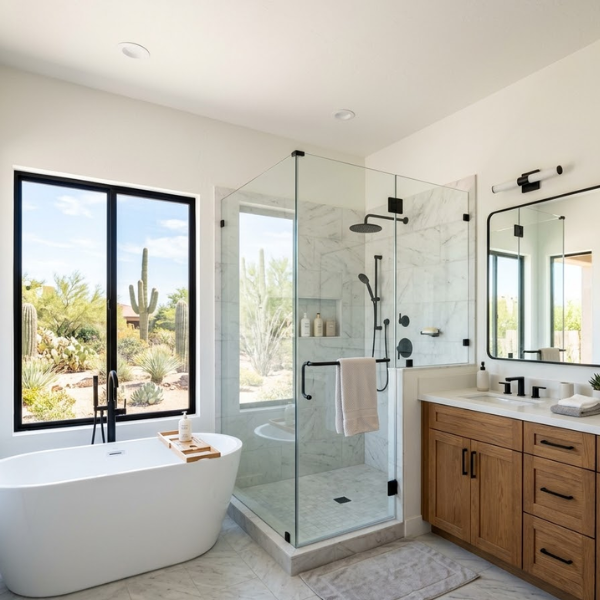 Master bathroom remodeling in Chandler AZ with freestanding tub glass shower and modern vanity
