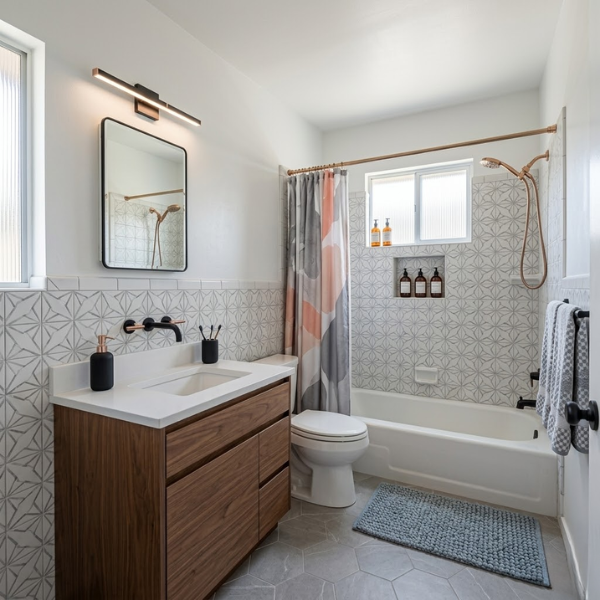modern full bathroom remodeling with marble floor glass shower and vanity in chandler AZ