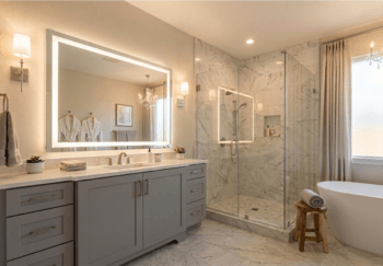 Bathroom renovation project in Chandler featuring double vanity and modern tile design