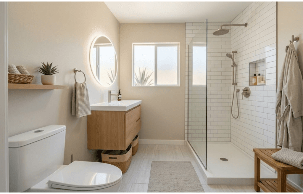 compact guest bathroom remodeling with space saving shower and vanity in Chandler AZ