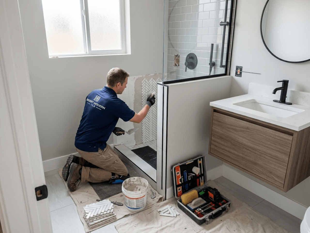 contractor installing tiles during guest bathroom remodeling in Chandler AZ