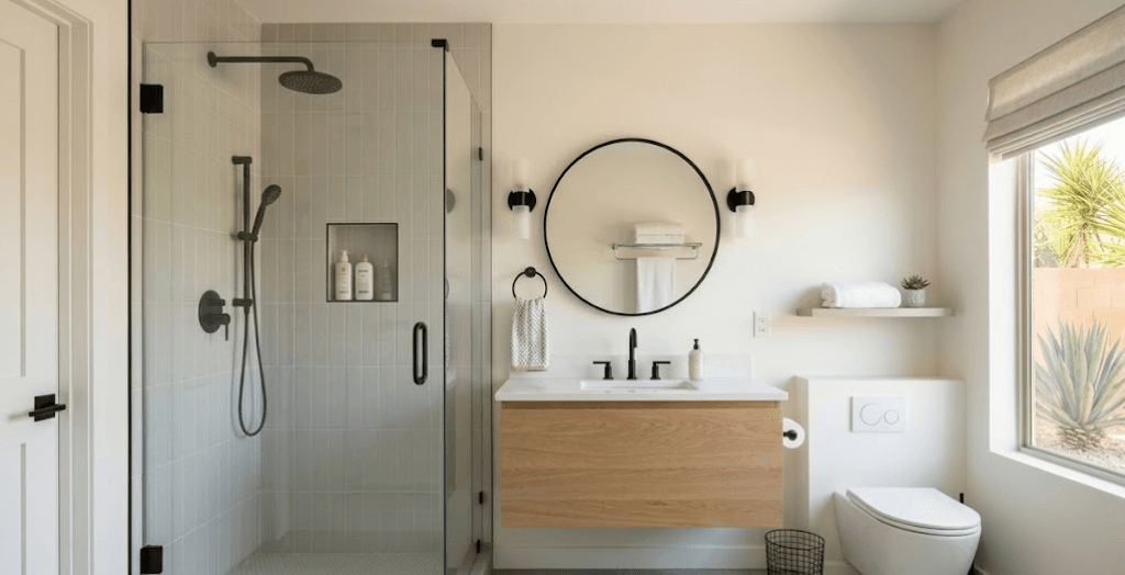 small guest bathroom remodeling upgrade with floating vanity and glass shower in Chandler AZ