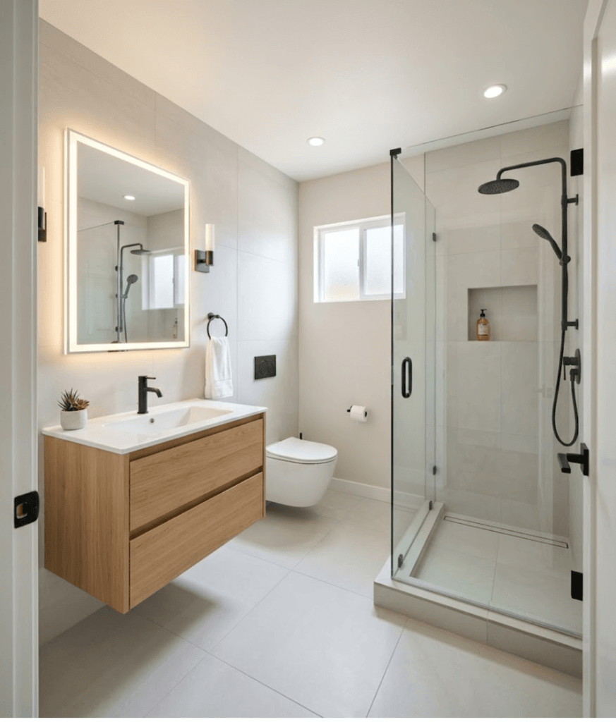 Small bathroom remodeling with space saving modern design in Chandler AZ