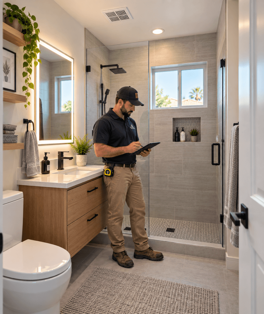 Small bathroom remodeling contractor inspecting a compact bathroom in Chandler AZ