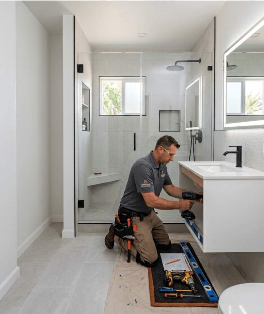 Professional contractor remodeling a small bathroom in Chandler AZ