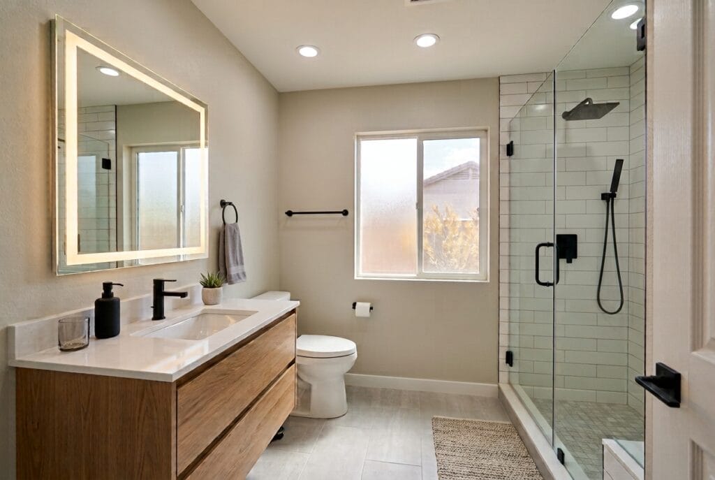 Modern small bathroom remodel with improved lighting in Chandler AZ