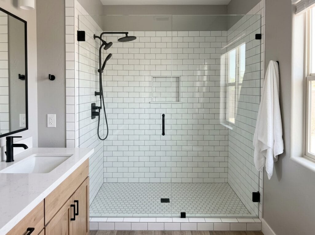 White subway tile shower replacement with fresh grout in Gilbert, AZ