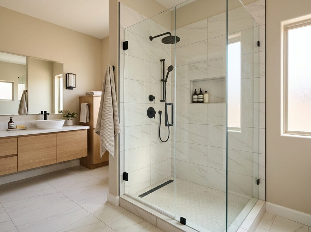 Modern walk-in shower with frameless glass enclosure and porcelain tile in Chandler, AZ