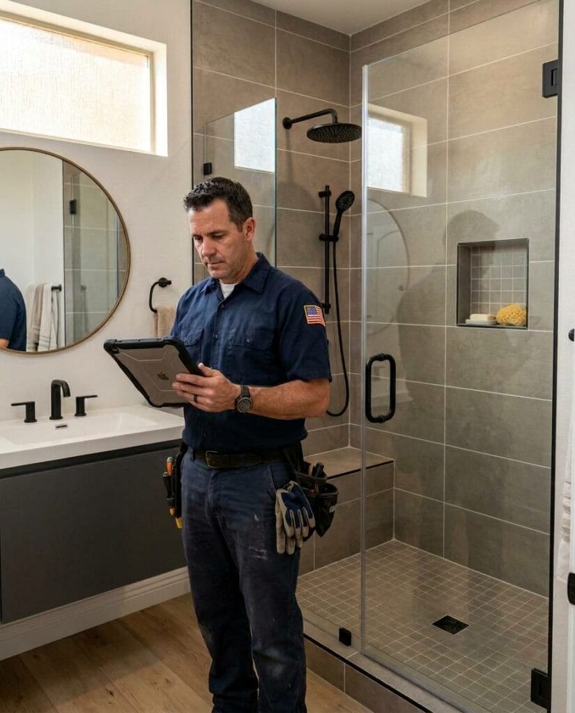 Bathroom remodeling contractor inspecting a completed walk-in shower in Chandler, AZ