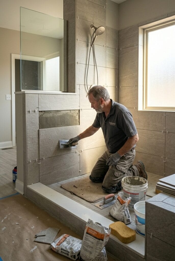 Contractor installing porcelain tiles during a shower remodeling project