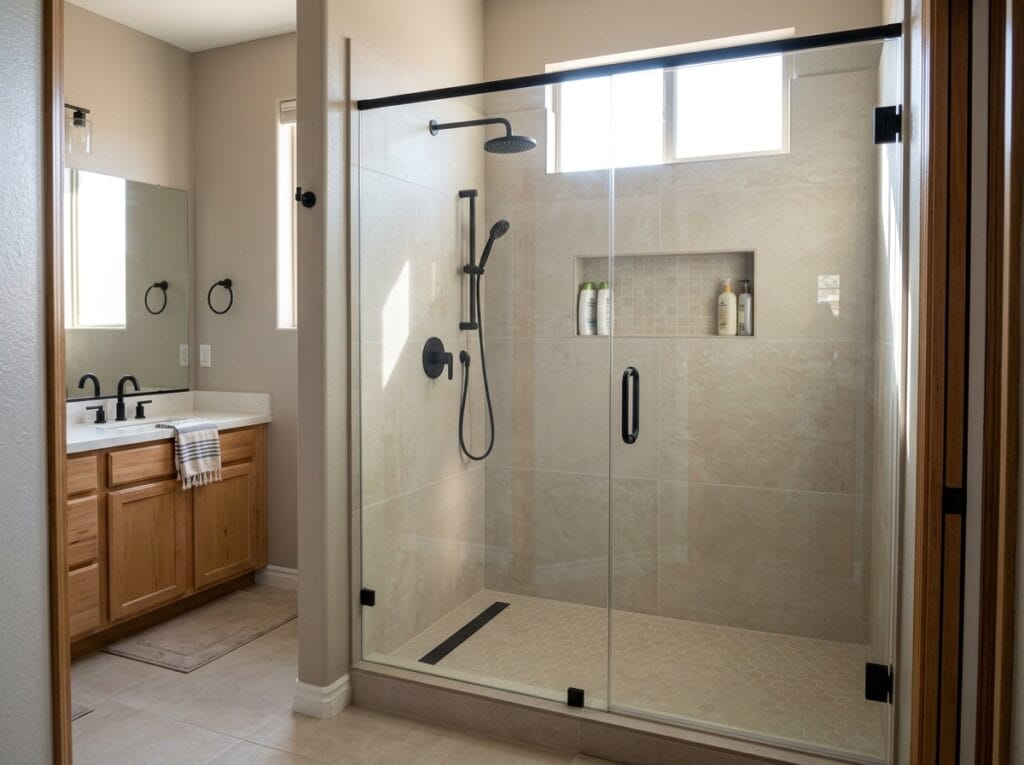 Walk-in shower conversion with large-format porcelain tile in Chandler, AZ